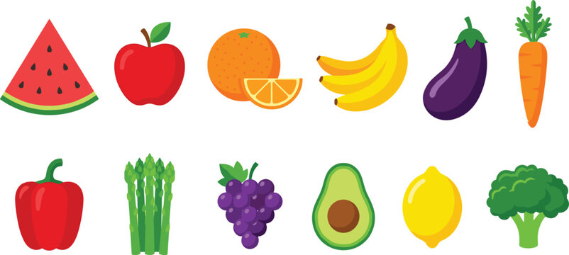 Fresh Fruits and Vegetables Vector Icon Set with Watermelon Apple Orange Banana Eggplant Carrot Bell Pepper Asparagus Grapes Avocado Lemon and Broccoli for Healthy Food Apps