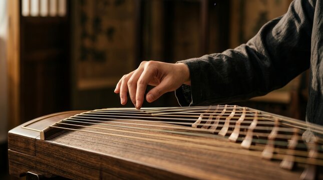 A hand and forearm with a dark sleeve hovering above the strings of a traditional zither.