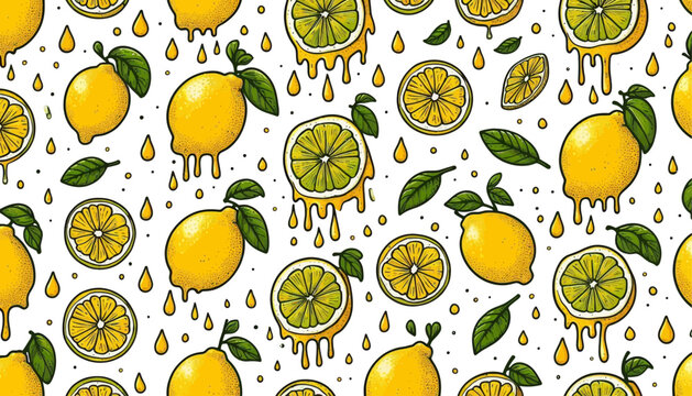 seamless vector pattern with dripping sliced lemon in doodle artwork
