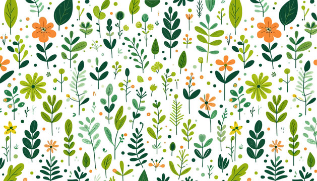 green spring seamless vector pattern with colorful flowers