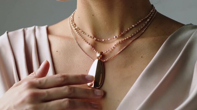 Fixing manicured hand from left centering layered rosegold chains pendant on pink dress in studio