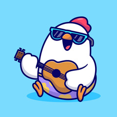 Cool chicken playing acoustic guitar. Funny bird character with sunglasses vector art.