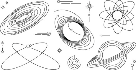 Cosmic galaxy space orbit planet vector set with Saturn rings atomic nucleus structure and celestial lineart icons © Sarmin