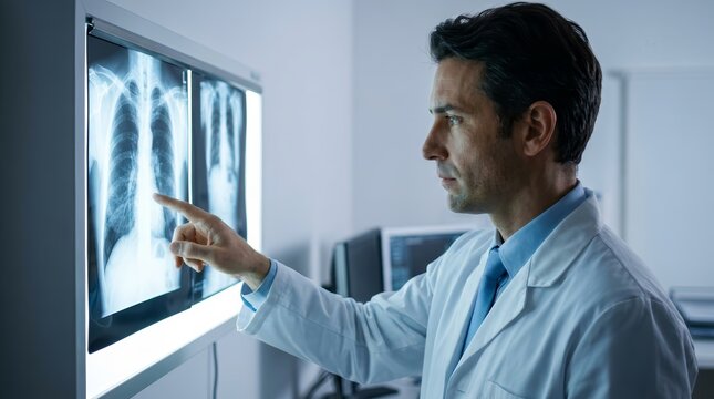 Male doctor in labcoat pointing at chest X-ray on a lighted lightbox in a reading room.