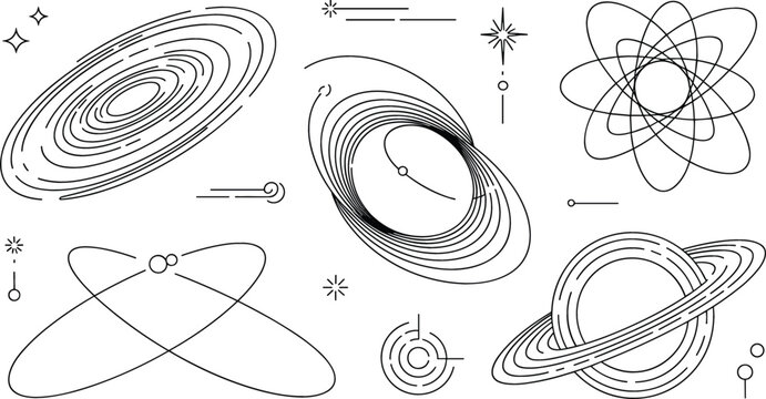 Cosmic galaxy space orbit planet vector set with Saturn rings atomic nucleus structure and celestial lineart icons