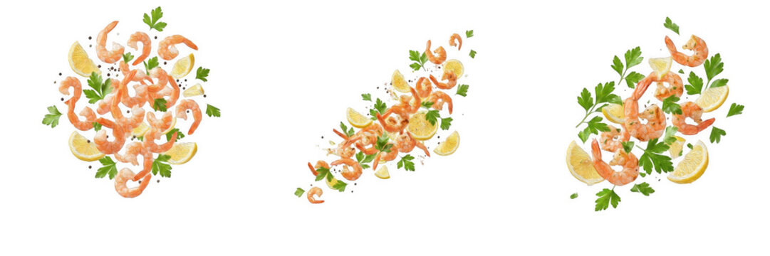 Fresh shrimps with lemon and parsley flying compositions isolated on white background, organic seafood meal explosion layout, cutout transparent PNG asset for restaurant menu design project.