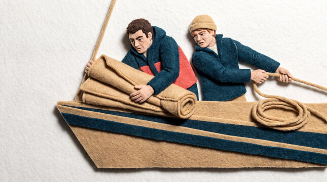 Sailors preparing boat for race while loading materials in teamwork  
