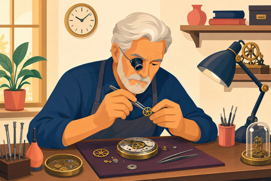 Senior clockmaker inspecting tiny watch gear with a loupe, demonstrating precision, craftsmanship, and repair expertise