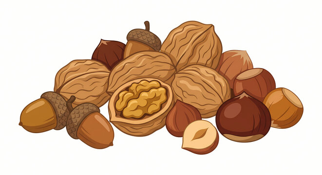 Pile of assorted organic nuts with walnuts and hazelnuts vector illustration for healthy food