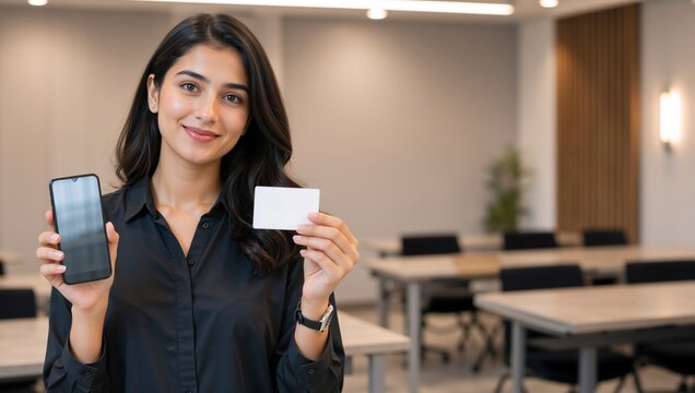 Smiling young woman holding blank card and smartphone. Happy female professional showing mobile phone and white business card in modern office. Copy space concept