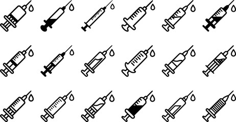 Obraz premium Medical Syringe and Liquid Droplet Outline Icon Set with Injection and Vaccination Variations