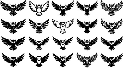 Fototapeta premium Flying Owl Silhouette Icon Set with Spread Wings in Black and White