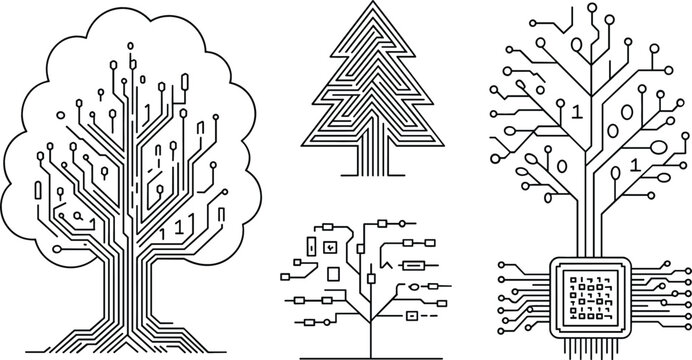 Digital technology circuit board trees vector set with binary code processor network nodes and eco tech icons