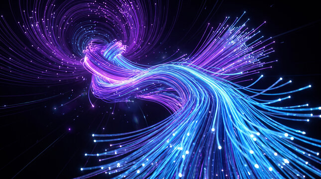 Abstract digital background featuring flowing fiber optic cables with glowing blue and purple light particles representing high speed data transfer and network.
 Generative Ai.