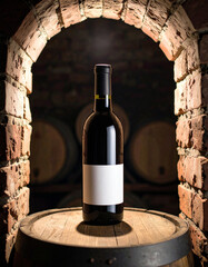 Botella de vino tinto con etiqueta en blanco sobre barrica de madera en una bodega tradicional, concepto de vino premium, crianza, enología, vendimia artesanal y excelencia vitivinícola © theshooter