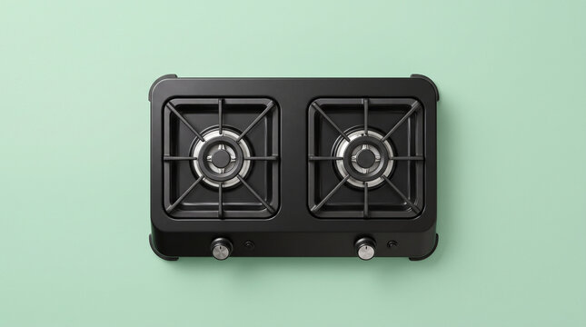 Modern Black Dual Burner Portable Gas Stove Top Isolated on Pale Green Background