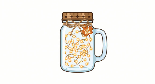 Cozy glass mason jar with glowing fairy lights vector illustration for autumn decor and design