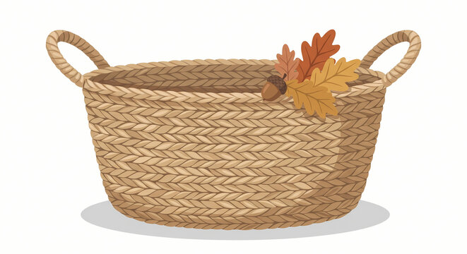 Woven wicker basket decorated with autumn oak leaves vector illustration for harvest season