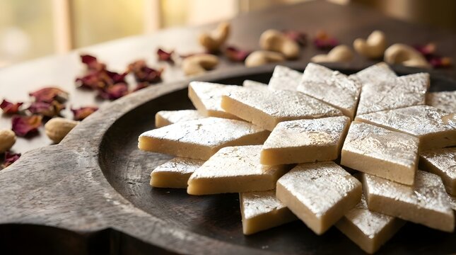 Kaju Katli on Rustic Wooden Platter with Cashews and Rose Petals for Festive Celebrations