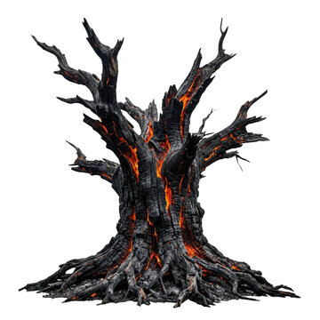 Burning dead tree with glowing embers against a transparent background