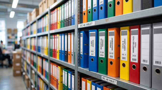 Rows of colorful office binders neatly organized on metal shelves in a large archive room, representing systematic documentation and document management.
 Generative Ai.