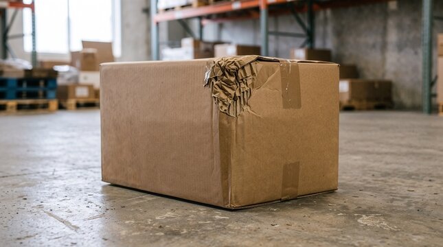 Crushed Corner of Brown Cardboard Box on Warehouse Floor - Shipping Package Damage and Logistics Failure Concept