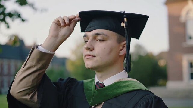 Lifting right hand, male graduate adjusting cap to secure fit on campus lawn with green hood