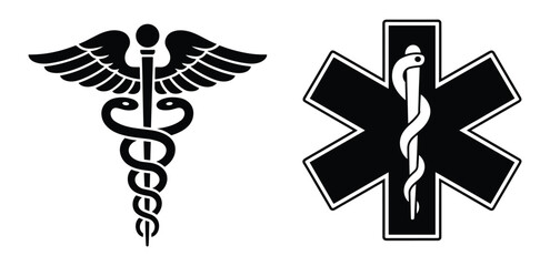 Caduceus and Star of Life Symbols: A striking black and white graphic illustration featuring the Caduceus, a traditional symbol of commerce and medicine, alongside the Star of Life. © Jibit