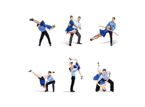 Rock and roll dance lift tricks set, ai generated. Collection of professional dance couples performing dynamic trick, acrobatic partner moves and energetic performance, isolated on white background.