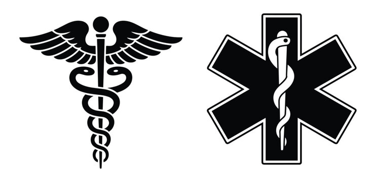 Caduceus and Star of Life Symbols: A striking black and white graphic illustration featuring the Caduceus, a traditional symbol of commerce and medicine, alongside the Star of Life.