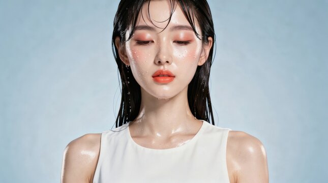 Woman displays a dewy complexion and wet hair look against a soft blue studio background.