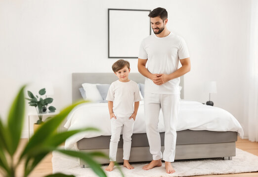 Father and son wearing family pajamas in bedroom, ai generated. Smiling dad and young kid matching white pajama. Cozy family morning at home with comfortable sleepwear, minimalist interior.