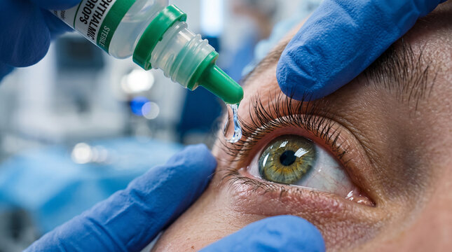 Close-up of an ophthalmologist wearing blue medical gloves applying medicated eye drops into a patient's green eye during a professional clinic exam.
 Generative Ai.