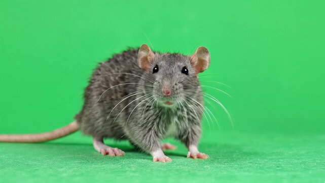 Curious Gray Rat Facing Camera on Green Screen Background