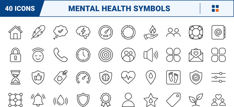 Anger management app line icon set. Vector pictograms of mental, health, emotional, and wellness elements, thin linear illustration.