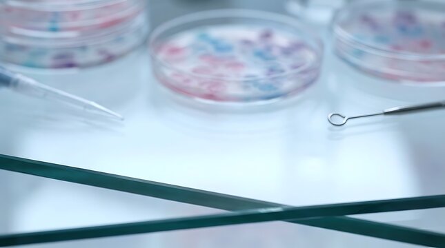 Antimicrobial visual motifs featuring microbiology lab equipment like petri dishes and inoculation loops on a table