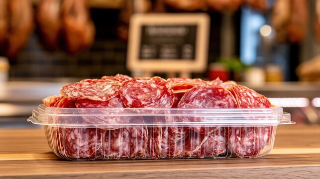 Fresh sliced salami in plastic clamshell container on wooden counter