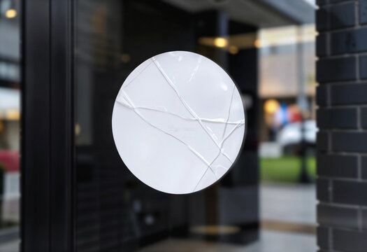 White round window sticker mockup on glass entrance door, ai generated. Clean minimal signage for promotion of storefront building. Circle notice label on doors surface branding concept.