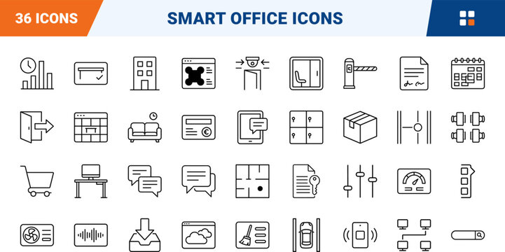 Space utilization dashboard line icon set. Vector pictograms of office, analytics, occupancy, and sensor elements, thin linear illustration.