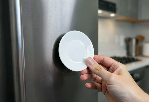 Round souvenir magnet mockup on stainless steel refrigerator, ai generated. Hand placing blank white magnetic plate on kitchen surface. Memory magnets home decor from travel concept.