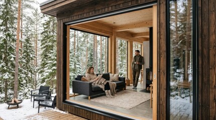 Obraz premium Cozy winter cabin retreat with couple enjoying indoor relaxation and snowy forest views