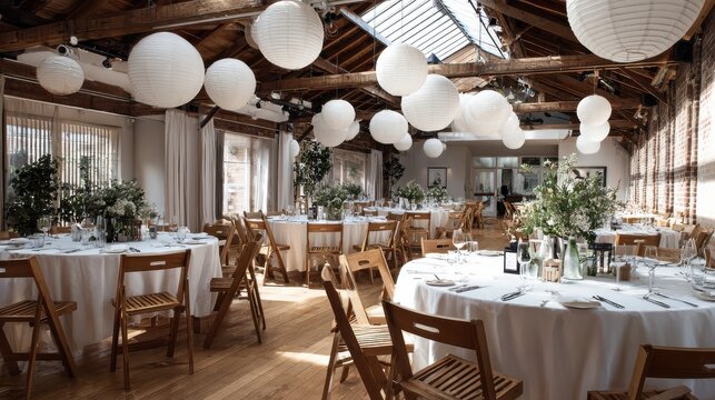 Round tables with white tablecloths and wooden chairs, A beautifully set table featuring crisp white linens and rustic wooden chairs