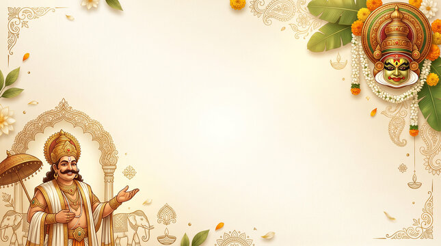 Onam festival background, featuring king mahabali, traditional kathakali mask, marigold flowers, banana, leaves, and an, ornate golden archway, on a cream, colored backdrop