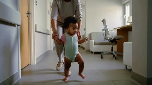 Holding toddler's hands, caregiver guiding toddler practicing steps in clinic toward sofa, romper