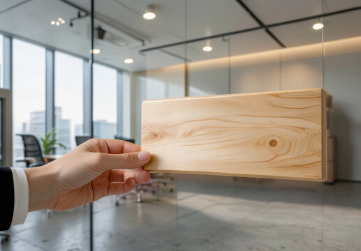 Blank wooden nameplate mockup held in office interior, ai generated. Wood plate mounted on modern glass office wall with hand placing or presenting sign. Clean business mockup with natural wood grain.