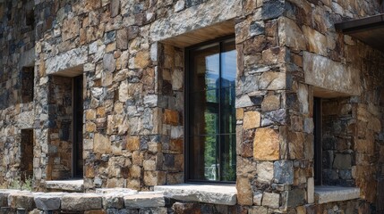 Fototapeta premium Rustic stone wall featuring modern windows, A stone structure with several windows and a matching stone bench