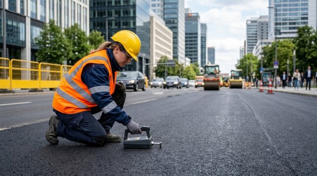Female civil engineer testing asphalt on city street. Construction worker in high visibility vest and hard hat measuring road quality. Infrastructure maintenance concept