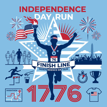 Patriotic Independence Day Marathon Celebration Runner With Torch And Flag Glorious Victory