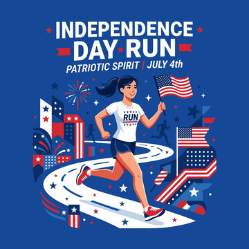 Patriotic Independence Day Run Celebration With American Flags
