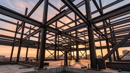 Obraz premium Steel beam structural framework of a building under construction. Low angle view of industrial metal skeleton at sunset. Architecture and civil engineering concept